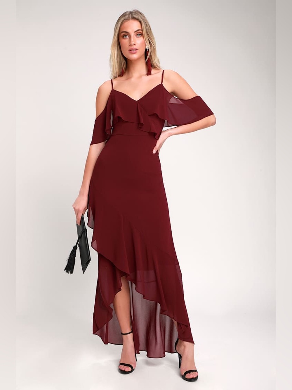 Lulus Caden Burgundy Off-the-Shoulder Ruffled Maxi Dress - Medium